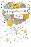 This congratulations card captures that gentle thrill just before everyone claps, like the hush in a Crouch End living room as candles are lit or a big announcement is made. The artwork centres on a cheerful cluster of balloons, drawn with rounded, softly glowing shapes that feel almost three-dimensional. They gather together in a loose bouquet, overlapping in shades of muted gold, polished silver, warm champagne, soft sky blue, blush pink, and a whisper of dove grey. Each balloon carries its own personality: some are dusted with tiny glimmering stars, others wrapped in slim metallic stripes or dotted with subtle glitter-like speckles that catch the light. Slender ribbons trail down in curling lines of gold and silver, looping and twisting with a sense of movement, as if the balloons have just been handed to someone in delight. Floating across the centre of the design is a broad ribbon-style banner, gently arched, bearing the phrase Congratulations To You in expressive, cursive script that looks slightly raised, as though printed in glossy ink. Behind and around this central scene, the pale background is alive with scattered metallic stars, tiny confetti dots, and graceful swirling lines that mimic party streamers drifting through the air, like the remnants of celebration after a gathering near Priory Park. The palette remains soft and sophisticated, avoiding bright primary colours in favour of a more elegant, grown-up festivity. As a Crouch End florist who often helps people mark milestones both big and small, I see this card as a companion to a thoughtfully chosen bouquet-together conveying admiration, joy, and that warm sense of pride when someone you care about has truly earned their moment.