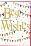 This Best Wishes card captures the feeling of a neighbourhood celebration, as if Crouch End itself had been distilled into paper and ink. At the centre, in generous, sweeping lettering, the words Best Wishes glow in a polished gold script, raised slightly from the surface so that the letters appear almost jewel-like, catching light with every tilt. The metallic finish creates a subtle shimmer, reminiscent of sunlight glinting off windows along The Broadway on a bright afternoon. Encircling this central message are flowing strands of bunting that arc across the card from edge to edge, suggesting the gentle sway of flags in a soft breeze at a community fête. Each tiny triangular flag is painted in fresh, saturated colours-vivid blues, bold reds, grassy greens, radiant yellows-and adorned with playful patterns such as fine stripes, scattered dots, and small geometric designs, giving an enjoyable sense of variety and movement. The background is a pure, uncluttered white, sprinkled with miniature stars and confetti-like dots in coordinating shades, as though someone has just thrown a handful of celebratory confetti into the air. The overall feeling is light-hearted and optimistic, a design that can easily accompany a bouquet sent to mark a new job, a graduation, a move to a new flat, or any fresh start across the local area. Crafted with the same attention to detail that Flowers Crouch End might bring to arranging seasonal blooms, this card visually expresses supportive, hopeful wishes and the joy of sharing in someone else's happy moment.