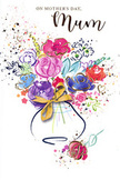 Luminous Mother's Day card design showing a joyful, watercolour bouquet that radiates affection, as if inspired by the blossom trees scattered around Crouch End in May. At the centre, generous blooms in shades of fuchsia, cerise, and rich berry red unfurl in loose, confident strokes, each petal softly edged in deep indigo to give structure without losing the painting's fluid charm. Surrounding these vibrant flowers are cooler touches of lavender, periwinkle, and sky blue, interwoven with hints of apricot and blush that suggest smaller companion blooms. Fine flecks and delicate outlines of gold sit along the petals and leaves, adding a quiet shimmer reminiscent of morning light spilling across a windowsill bouquet. The arrangement is gathered into a gently curving vase at the base of the image, finished with an elegant golden bow that mirrors the way local florists tie their ribbons before sending out a same-day delivery around Crouch End and Muswell Hill. The background remains bright white, so every colour feels fresh and airy, like clean spring light after a passing shower. Soft splashes of paint, dotted accents, and subtle heart shapes drift around the bouquet, hinting at stories of shared cups of tea, school-run chats, and long-standing family traditions. The composition is both relaxed and intentional, echoing the care that goes into choosing every bloom for a Mother's Day gift. It becomes more than a simple greeting card: a painted bouquet on paper, full of gratitude, warmth, and the enduring bond between mother and child.